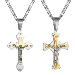 Pendant Necklaces Cross Necklace Dual Layer Two-Tone Jesus Crucifix Jewelry Stainless Steel Religious Gift 24''Cuba Chain Included