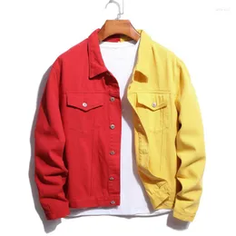 Men's Jackets Men's Red Yellow Spliced Denim Jacket Streetwear Loose Casual Jean Coat Two-color Patchwork Top Outerwear Oversized