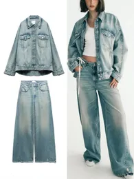 Calças femininas de duas peças ZBZA Queda Oversized Denim Jacket Wide Leg Jeans Terno Lapela Mangas Compridas Casaco Baixo Crescimento Rasgado 231113