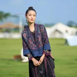Ubranie etniczne 2023 Chińskie vintage hanfu płaszcz narodowy haft kwiatowy drewno w dekolcie ulepszone topy orientalne retro tang garnitur