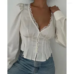 Kvinnors blusar unireal 2023 Autumn Women Short Shirt Blus Solid White Sexy Fashion Flower Print Lace Satin Corset Tops