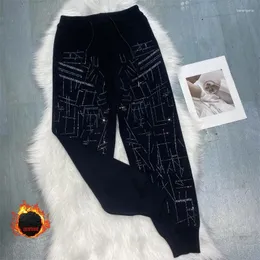 Calças femininas cintura alta lã preta malha elástica brilhante strass grosso moletom casual solto jogger calças elásticas unisex