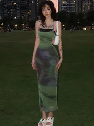 Casual Dresses Sylcue Green Tie-Dye Gradient Personlighet Creative Sexig Mature Hateble Cool Summer Women's Long Slip Straight Dress