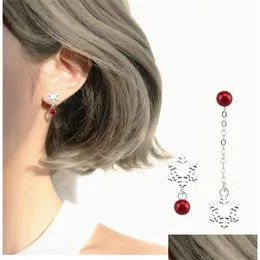 Dangle Chandelier Sier Color Round Red Simated Pearl Under Snowflake Flower Long Earrings Asymmetry Chain Ear Stud Jewelry Dhgarden Dhh83