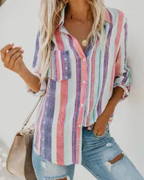 Kobiety damskie bluzki damskie damskie długi rękaw koszulę harajuku kolory Rainbow Striped Bluzka swoboda letnie vintage camisas blusas femininas elegante 230414