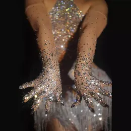 Fem fingrar handskar glittrande kristallmask långa handskar dansare sångare nattklubb dans scen show tillbehör lyxig stretch s 231114