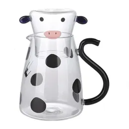 Barwerkzeuge Cartoon Kuhförmige Glasmilchsaft Kaffee Kalt Kessel Wasserkrug mit Tasse Nacht Carafe Set Teekanne 230413