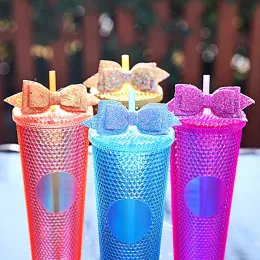 Wholesale Reusable Pu Leather Diamond Straw Bowknot Topper Designs Decoration Water Bottle Straw Straw Accessory 1114