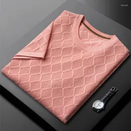 Men's T Shirts Luxury High-end Design Pink Knitted T-shirt For Men 2023 Summer Thin Breathable Top Trend Korean Casual Round Neck Short