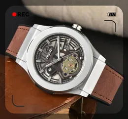 Мужские часы с полым скелетонизированным циферблатом, высококачественные часы с автоматической датой, деловые повседневные часы премиум-класса из натуральной кожи с кварцевым механизмом, крутые часы, подарки