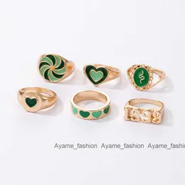 2022 New fashion Green boho oil drip heart Windmill animal rings jewelry women vintage metal Snake shape zodiac 6 piece ring set