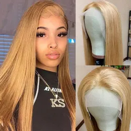 27# Blonde Lace Front Wig Human Hair Straight 13x4 Transparent Lace Frontal Wig Honey Blonde