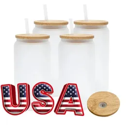 16oz USA Warehouse Water Bottles DIY Blank Sublimation Can Tumblers Shaped Beer Glass Cups with Bamboo Lid and Straw for Iced Coffee Soda i1114