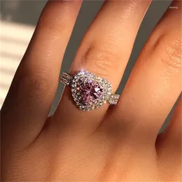 Anéis de cluster moda cristal rosa para mulheres amor strass flor zircão anel feminino elegante festa de casamento jóias