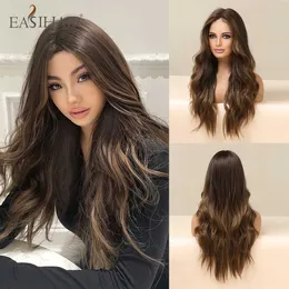 Synthetische Perücken Easihair Brown Highlights on Hair Ddeas Long Wavy Synthetic Wigs Natural Dark with Fast Shipping 230227