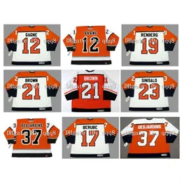 SJ Vintage Custom Hockey Jersey 12 Simon Gagne 19 Mikael Renberg 21 Dave Brown 23 Ilkka Sinisalo 37 Eric Desjardins 17 Craig Berube Orange