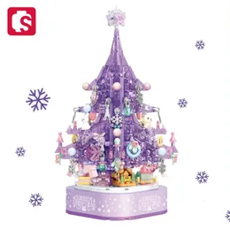 Blocks SEMBO 729pcs Purple Dream Christmas Tree Lights Music Box Building Model Toy Creative Romantic Year's Gifts For Girls 231114