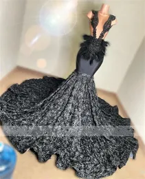3D Denizkızı Seksi Çiçek Balo Elbiseleri 2024 Siyah kızlar illüzyon boncuk tüyleri resmi parti elbise robe de soiree