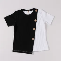 T-shirts Kids clothes t shirt baby girls and boys clothes round neck short sleeves fashion children t-shirt ribbed contract patched color 230414