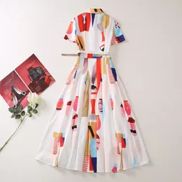 2023 Summer Geometric Print Ribbon Tie Bow Dress Short Sleeve Lapel Neck Belted Midi Casual Dresses A3A101528