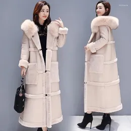 Kvinnor Down Wepbel Autumn Winter Lamb Fur Coat Women Korean Big Collar Over The Kne Faux Leather Thick Warm Long Elegant Female