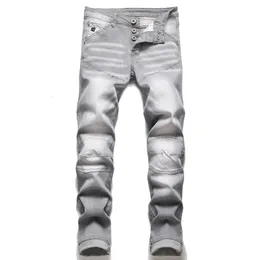 Jeans da uomo Primavera Autunno Jeans europei americani con cuciture a foro Jeans da uomo in puro grigio elasticizzato Slim Matita Mtorcycle Abbigliamento stile 230414