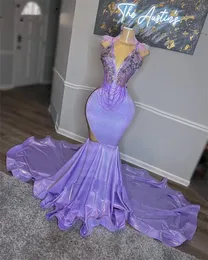 Sexy Lilac Satin Mermaid Long Prom Dresses 2023 perline da scollo a V Cristalli cristalli navigate Featurehrs Birthday Party Gowns Robe de Bal Court Train