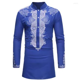 Etnik Giyim Mavi Afrikalı Dashiki Baskı Elbise Gömlek Erkekler 2023 Marka Sokak Giyim Uzun Çizgi Giysileri İnce Uygun Uzun Kollu Kimya Homme