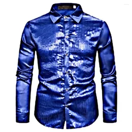 Herrklänningskjortor Comfy Fashion Blue Easy Care Long Sleeve Performance Sequin Slim Fit Top Vintage Button Collar Carred