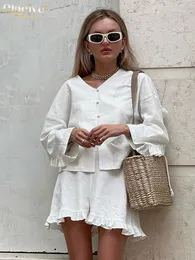 Women s Two Piece Pants Clacive Fashion Beige Linen 2 Set Outfit Casual Loose Long Sleeve Shirts With High Waist Ruffle Shorts Set Female 230414