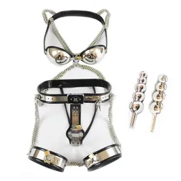 Feminino aço inoxidável cinto de castidade roupa interior sutiã dispositivo par coxa punhos bdsm bondage contenção vaginal plug acessórios feminino