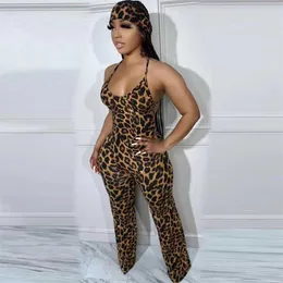 Kvinnliga kläddesigner Jumpsuit dragkedja onesies 2023 Nya leopardtryck damer sling ärmlös bodysuit rompers jumpsuits med headscarf