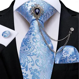 Bow Ties Sky Blue Paisley Silk for Men Luxury 8cm Wedding Business Polyester necktie مجموعة أزرار أزرار مربعة
