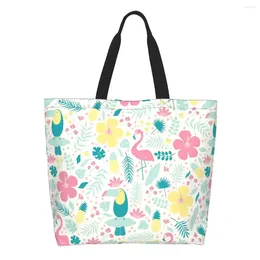 Sacos de compras Personalizados Flamingos e Folhas Canvas Mulheres Reutilizáveis Grande Capacidade Mantimentos Padrão Tropical Shopper Tote