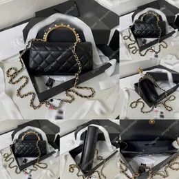 Högkvalitativ Lingge Fa Pearl Wrist Real Leather Black Purse Bag Chain Handhållen One Shoulder Crossbody för 22bkelly Women 10a