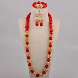 Necklace Earrings Set Wedding Jewelry Nigerian Bride Accessories Red Natural Coral African Couple AU-606