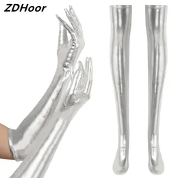 Five Fingers Gloves Adult Patent Leather Shiny Wet Look Thigh High Stockings Full Finger Long Over the Knee Socks Cosplay Costume Set 231114