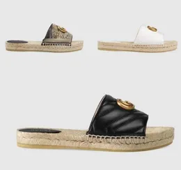 Lüks platform gündelik sandalet moda altın mektup logo düz dip bayanlar balıkçı ayakkabıları deri kenevir ipi çim dantel dokuma büyük boy 35-42