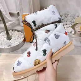 Womens Down Boots PILLOW Ankle Boots Lace UP Fashion Outdoor Casual Shoes Lxury Leather Eiderdown Girls Ladies Print Snow Boot With Box NO330