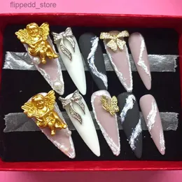 偽の釘ローズエンジェルデザインy2kプレス爪のcoffin coffin fake nails with reusable Handmade Stileetto False Nails Tips Art Diy Manicure Q231114