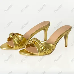 Olomm Mades Mulheres Mulas sandálias 7,5 cm saltos de gatinho aberto de pé lindos sapatos de festa de prata de ouro lindos mulheres mais tamanho 5-13