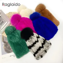 Beanieskull Caps Women Elastick Pompom Real Fur Hat Natural Rex Rabbit päls varma mode mössa randiga stilfulla kvinnliga vinterhattar 231113