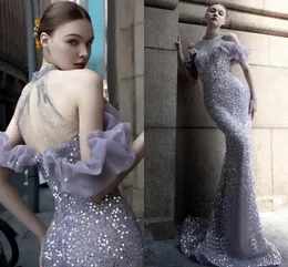 2024 Sirena di lusso Abito lungo da ballo Collo alto Paillettes Perline Cristallo Abiti da sera formali di fascia alta Abiti da celebrità Robe De Soiree Custom Made