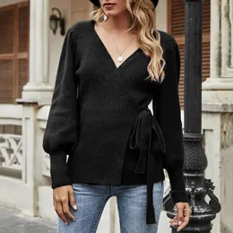 Women's Sweaters Fall Winter Wrap V Neck Sweater Balloon Sleeves Ribbed Knitted Pullover Tie Front Top Jumper Deplorable Hoodie