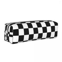 Black Checkerboard Square Pencil Case Classic and White Checker för Teens College Leather Box Simple Pouch