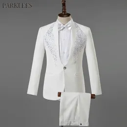 Erkekler Blazers beyaz düğün damat elbise takım elbise erkek kostüm homme mariage şık elmas nakış pantolonlu ince fit smokin erkek 231114