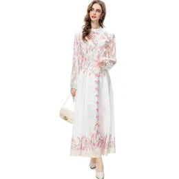 Vestido de dos piezas de diseñador de pasarela para mujer, blusa de manga larga estampada con cuello alto y falda floral de línea A, conjuntos gemelos