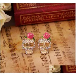 Stud Pink Rose Skeleton Ear Studs Rhinestone Skl örhängen för kvinnor Girls Fashion Jewelry Drop Delivery Dhgarden Dhn2m