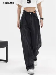 Dżinsowe dżinsy kobiety workowate długie dżinsy Harajuku czarne szerokie spodnie spodni uliczny Vintage High talii dżinsowe spodnie duże kieszeń Y2K Feamle 230413