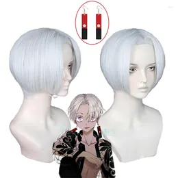 FUTEMENTO DE PARTE TOKYO REVENDERS KUROKAWA IZANA Cosplay Wig Silver Brincos curtos brancos Cabelo de fibra resistente ao calor com Halloween de capital livre